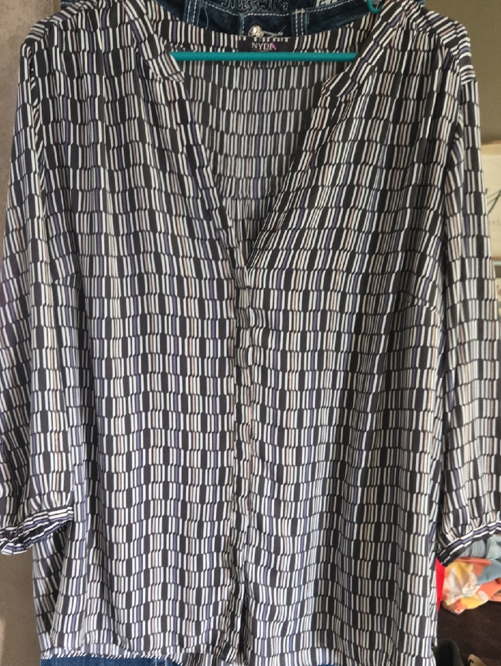 NYDJ Gray Blue & White Geometric Split-Neck Tunic-NWOT